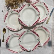 6 Digoin Sarreguemines Niger model soup plates with floral pattern and red/white checks