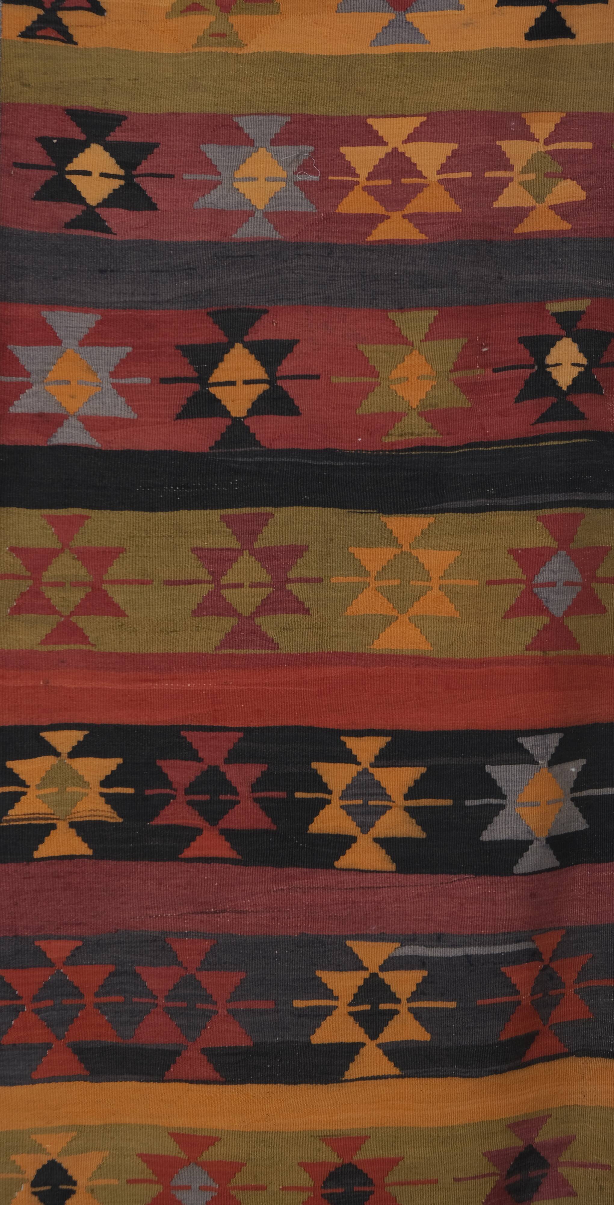 Vintage Organic Turkish Yellow and Red Kilim Rug Runner 3' x 9'5''