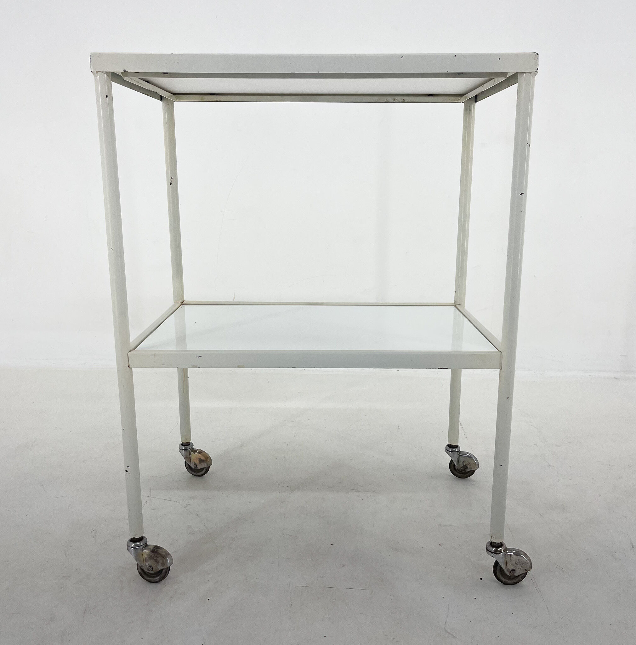 1950's hospital table, trolley on wheels with opaxite glass