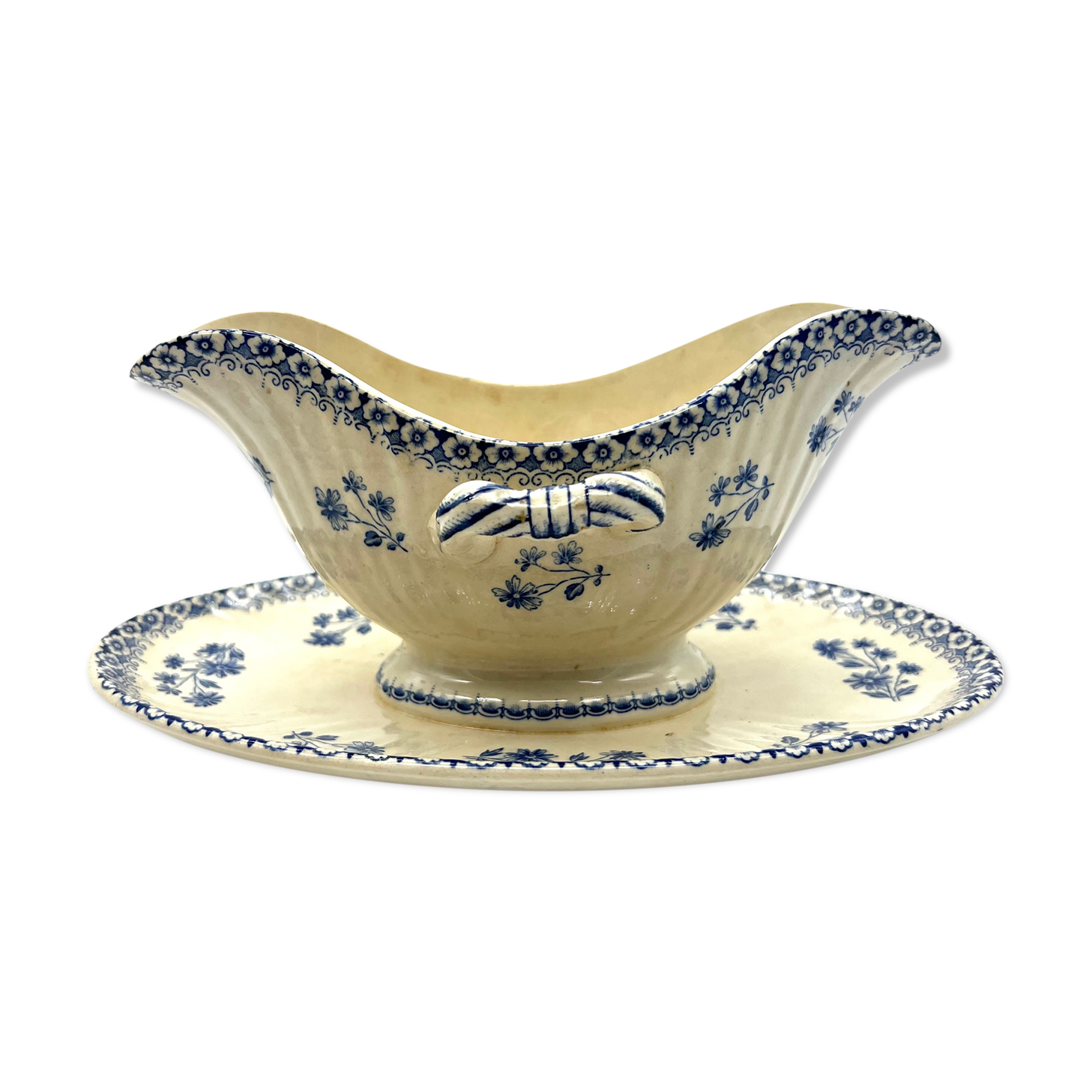 White and blue saucière in faience iron earth Boch Brother model Astre