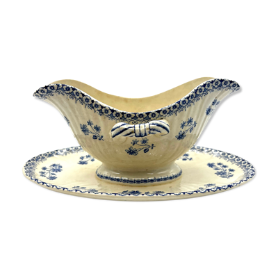 Saucière blanche et bleu en faience terre de fer Boch Frère model Astre