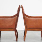 Set of 2 cognac-colored cowhide Art Deco design armchairs