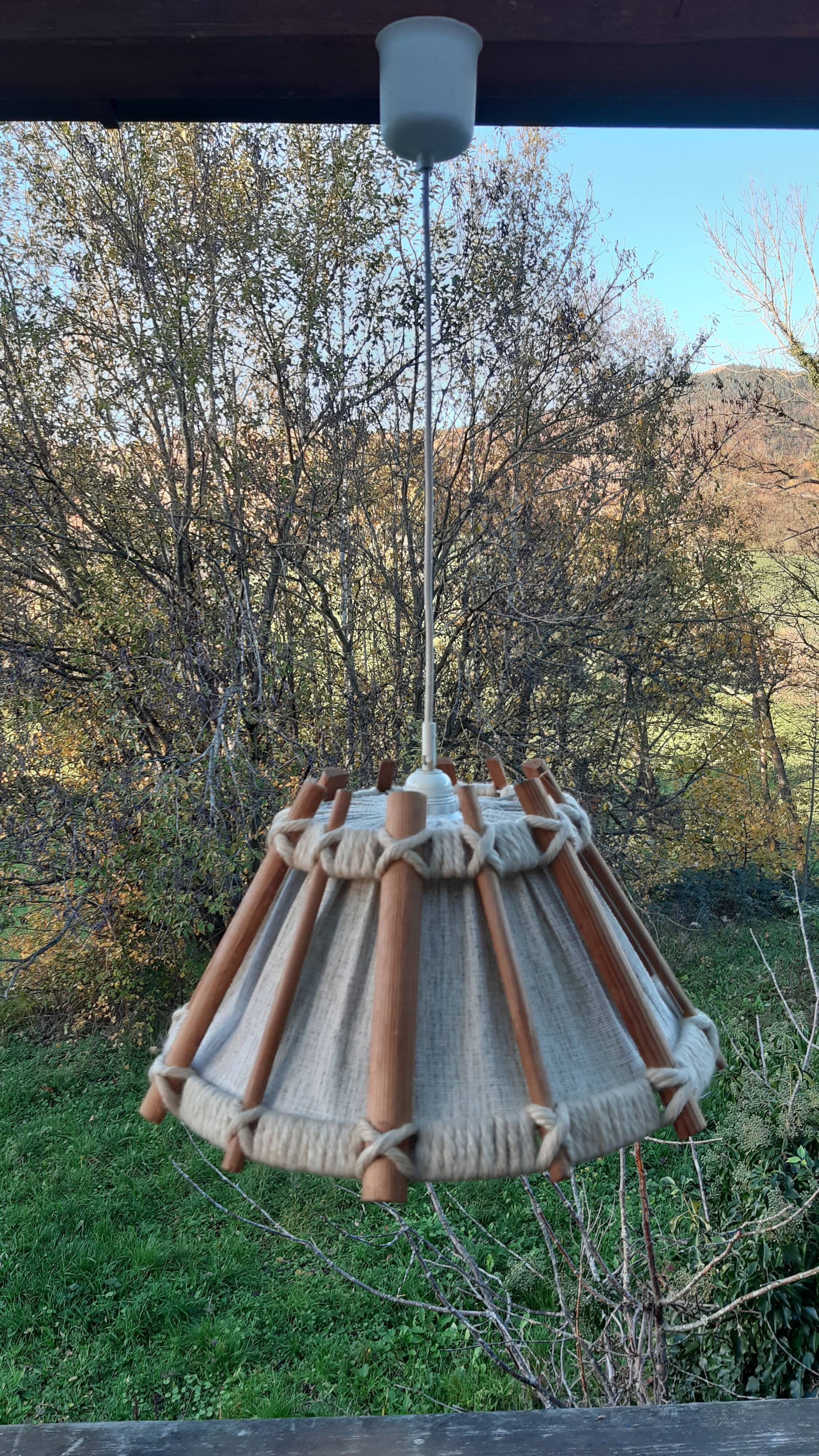 Vintage wood and wool pendant lamp