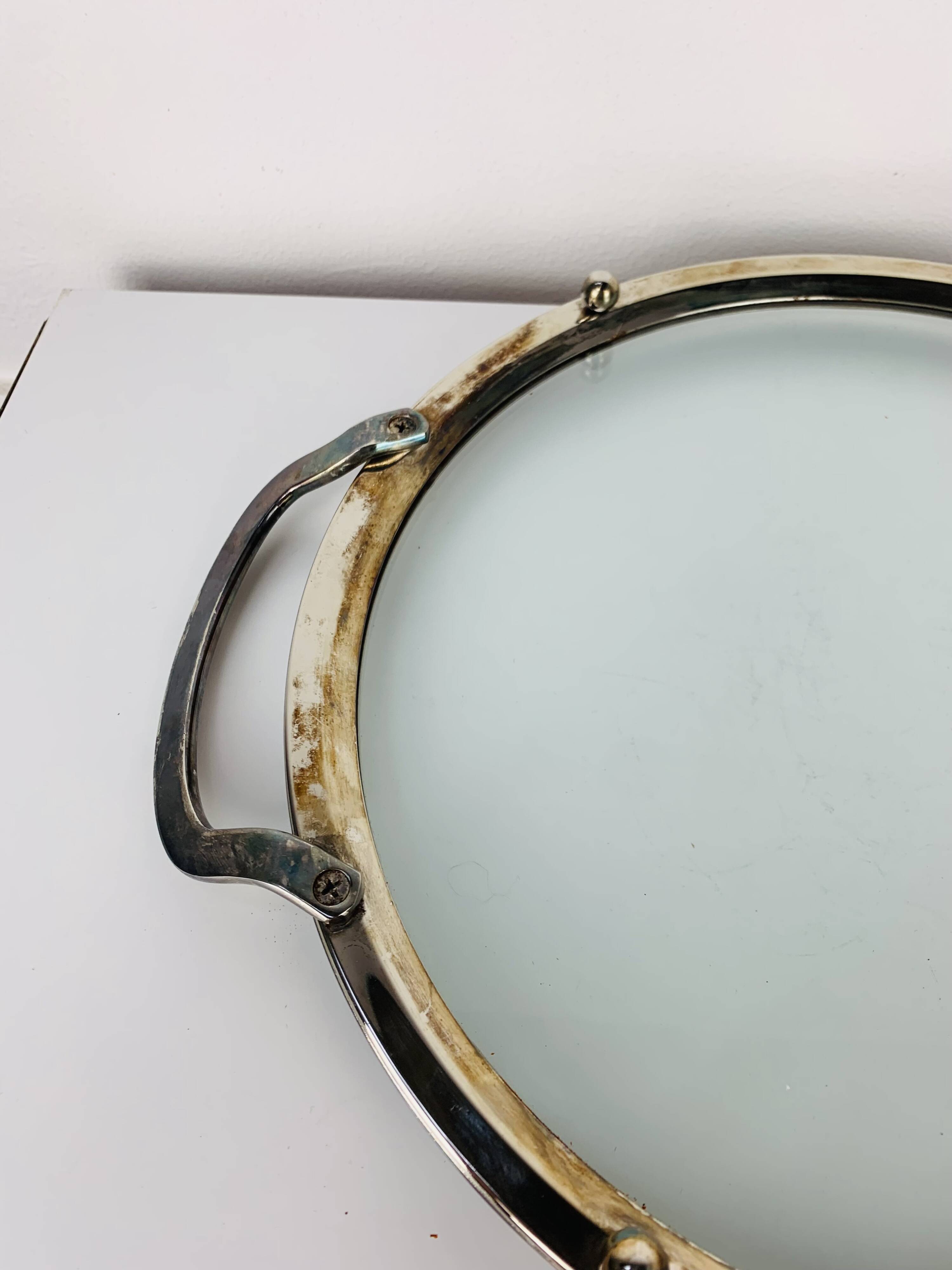 Plateau en métal argenté et verre, vintage