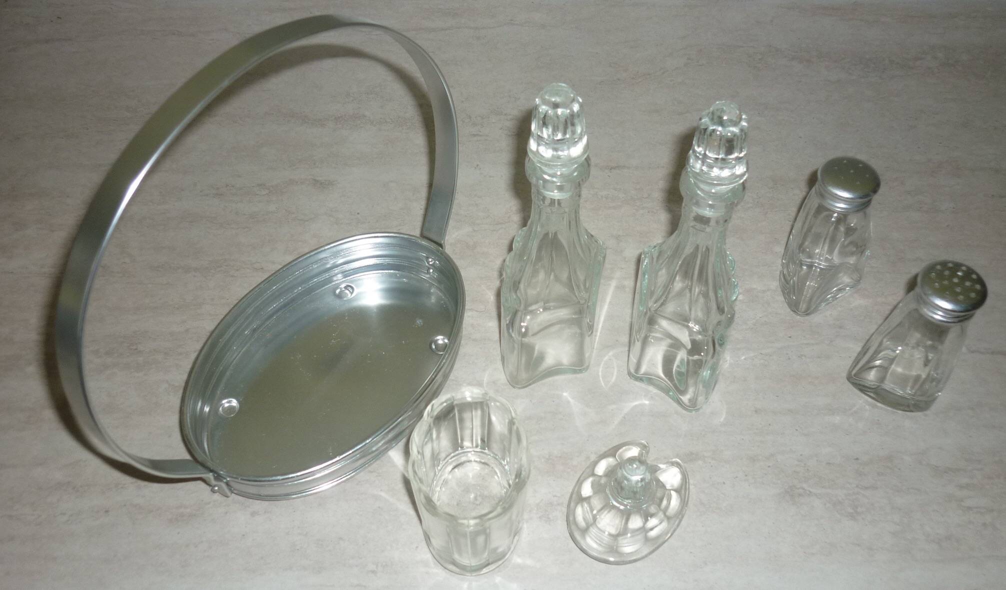 Oil vinegar salt pepper and mustard condiment server