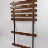 Wall coat rack by Carl Aubock with 5 brass hooks, walnut, iron, Austria, 1950s.