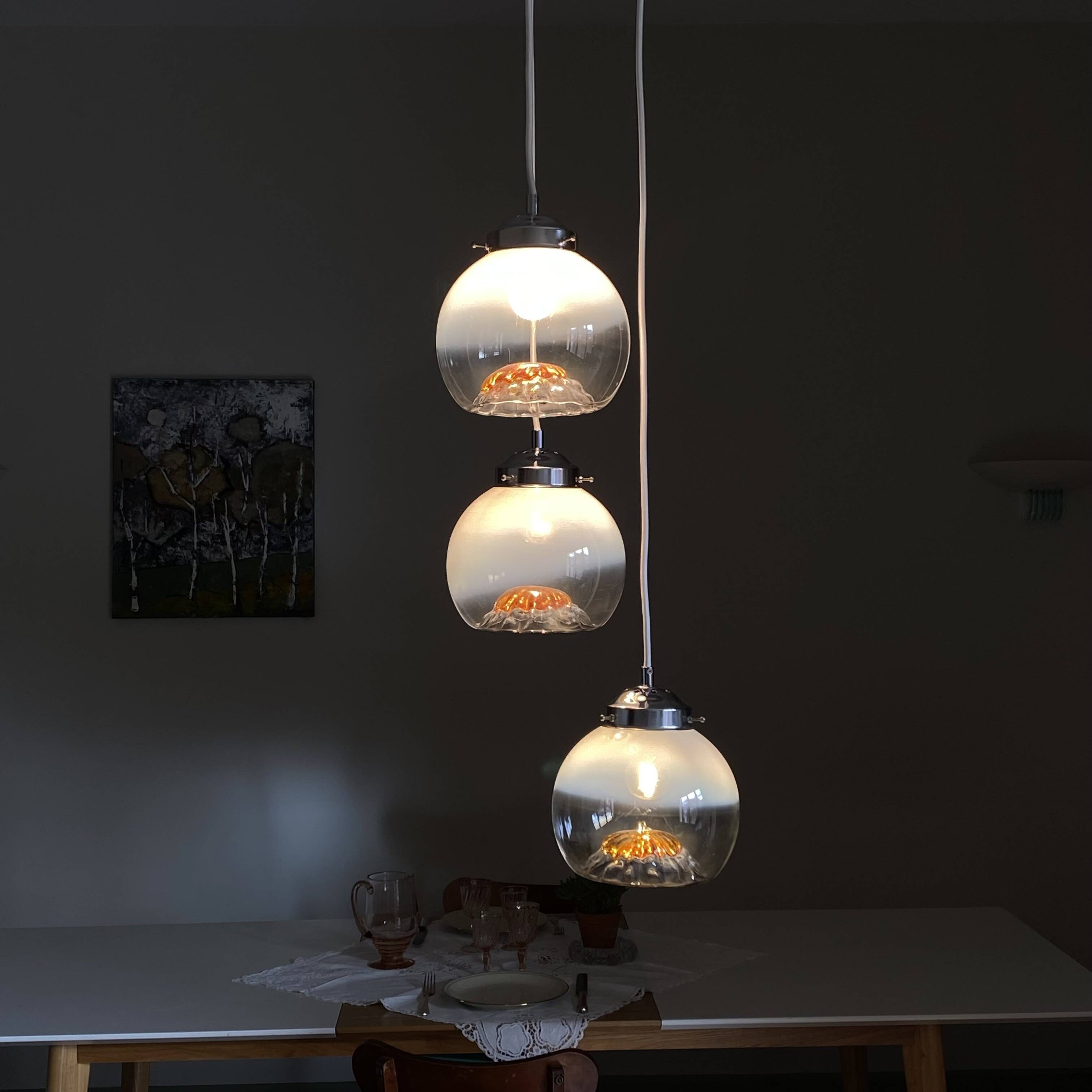 Lustre suspension cascade 3 glass globes Murano Mazzega
