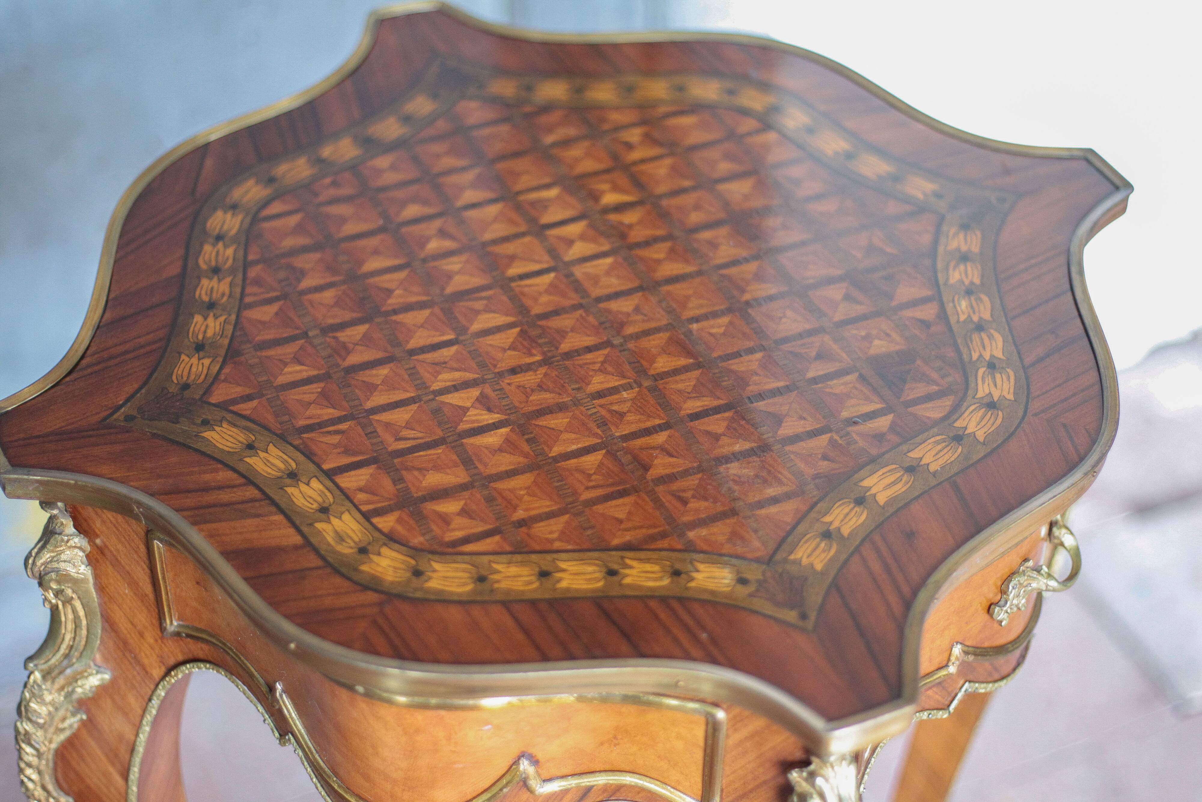 Wooden bedside table with marquetry and bronze, side table with curved legs