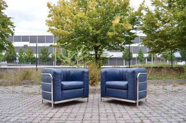 Ensemble canapé & 2 fauteuils en cuir bleu Zanotta Onda