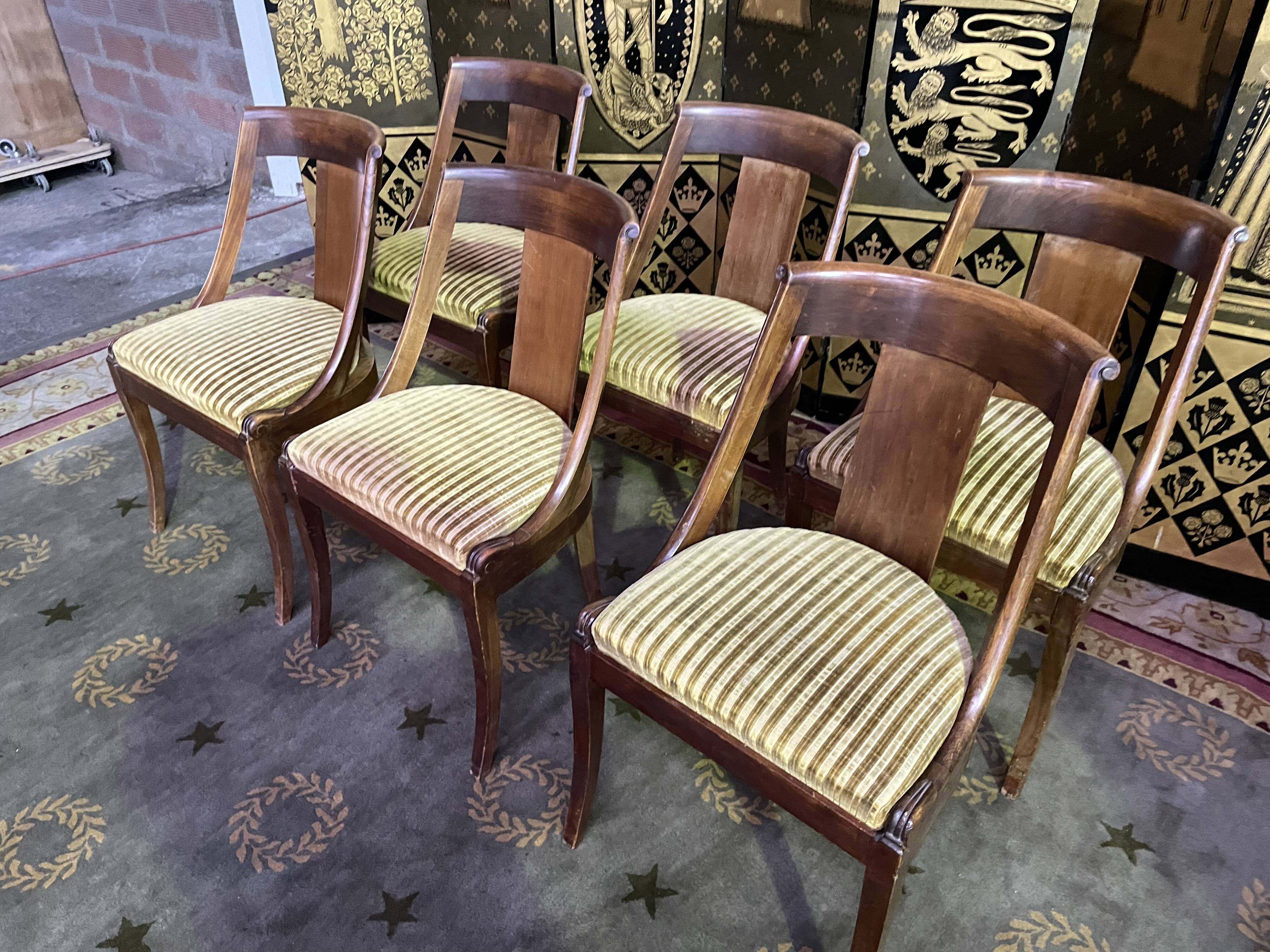 6 empire gondola chairs in mahogany and velvet