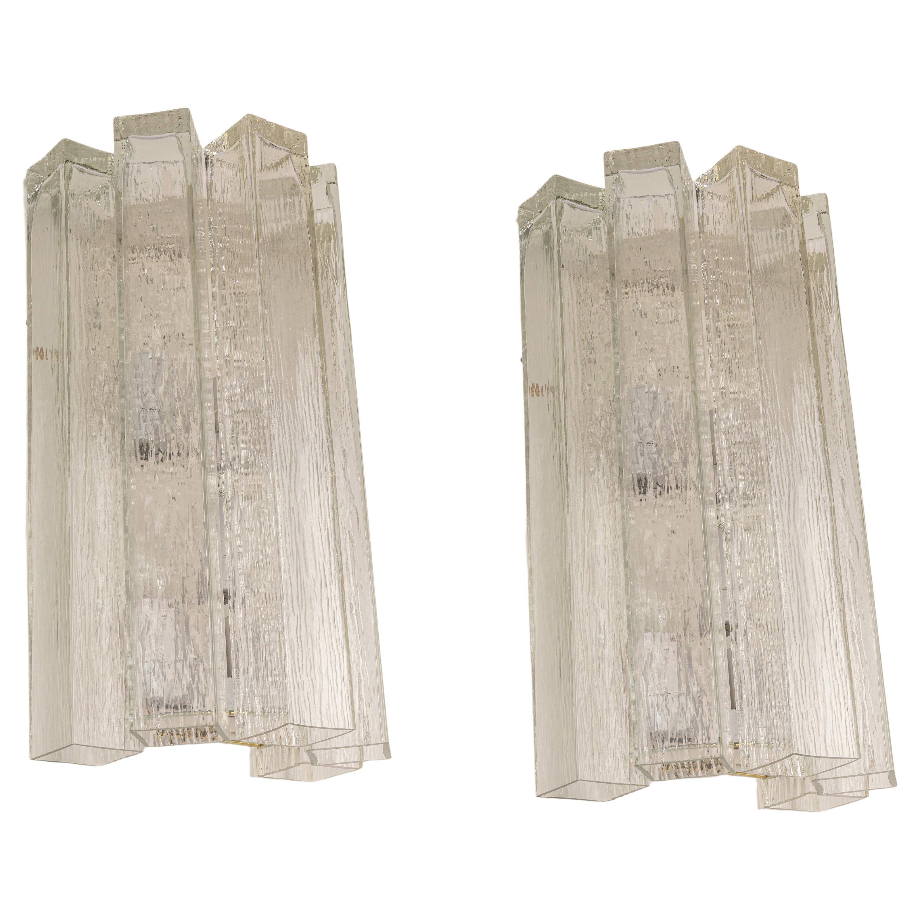 Large pair of wall sconces in brass and Murano glass by Doria, Germany, 1960s.