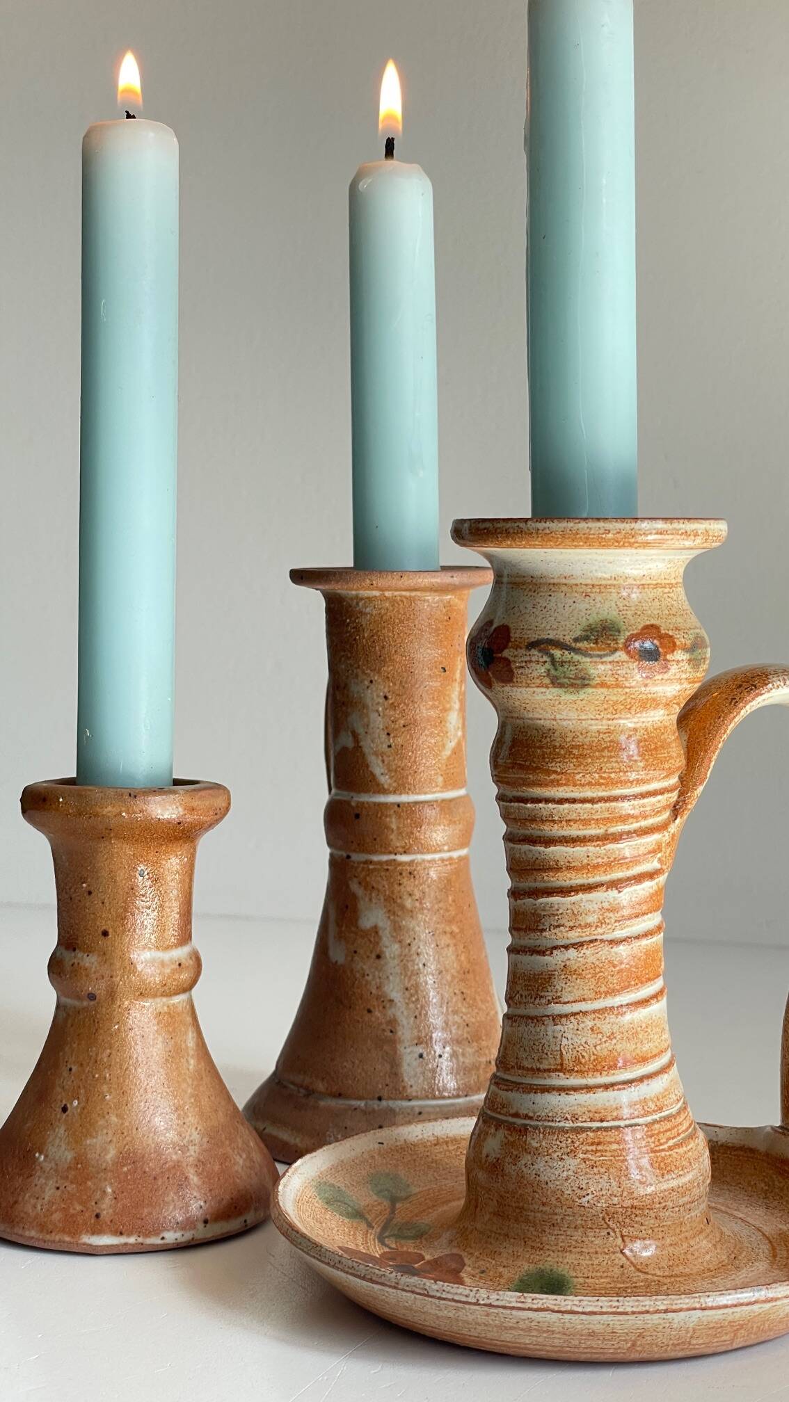 3 vintage handcrafted pottery candle holders