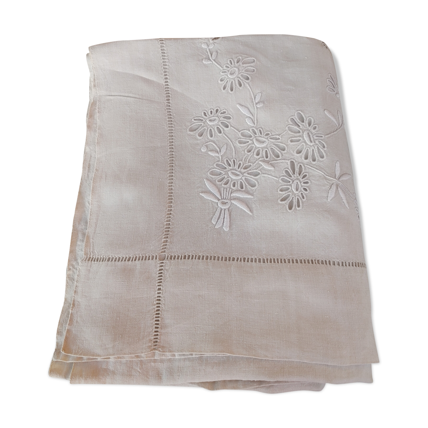 old sheet flowers embroidered hand linen canvas ecru large returns 220 x 285 cm