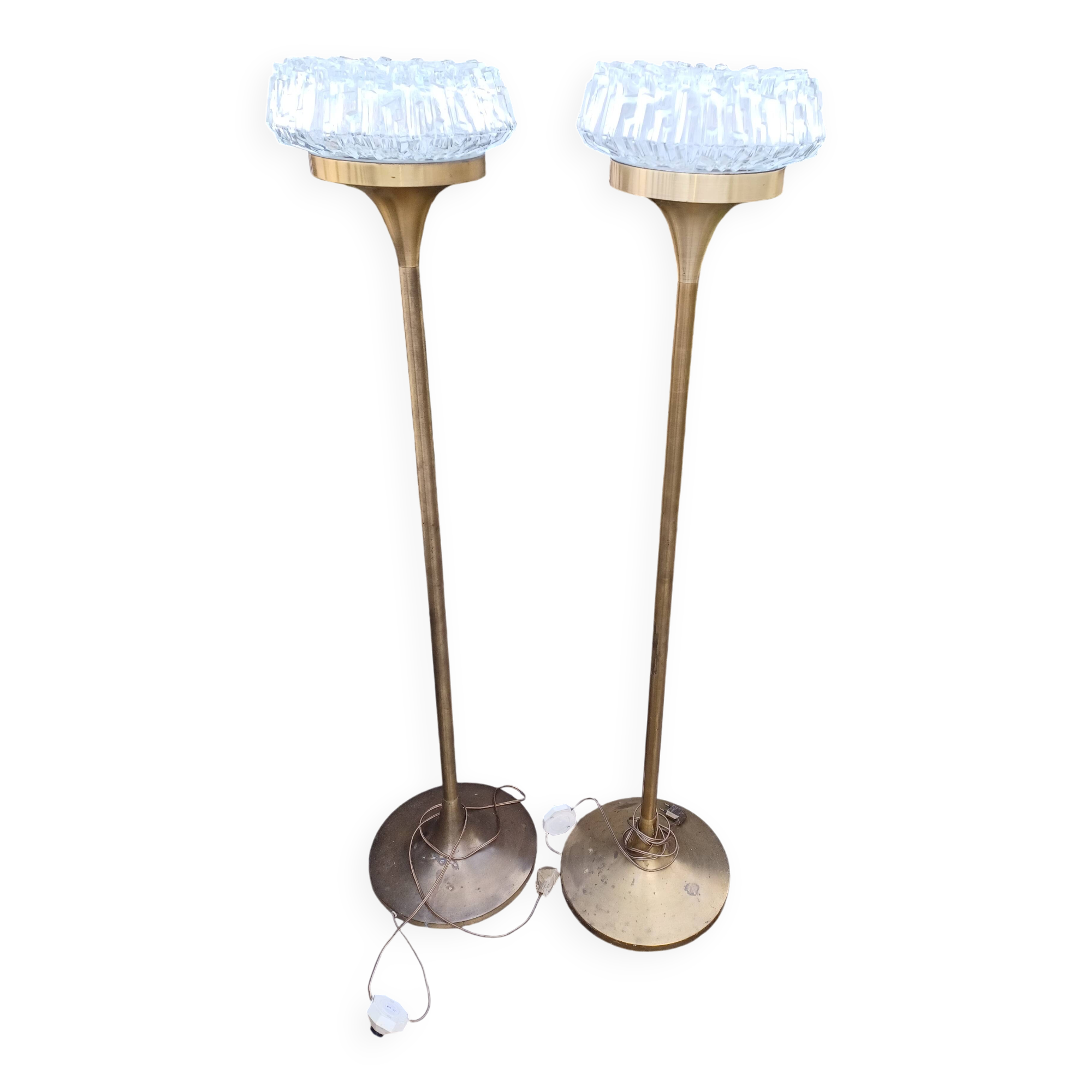 Pair of floor lamps gilded brass and glass maison Arlus 1950s