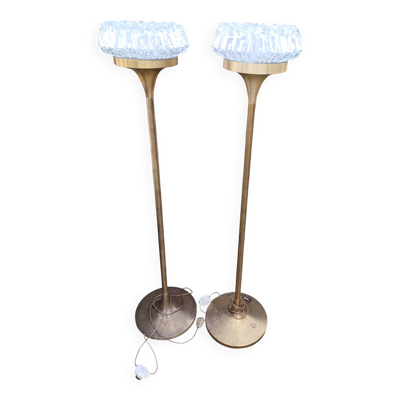 Paire de lampadaire laiton doré et verre Maison Arlus années 50