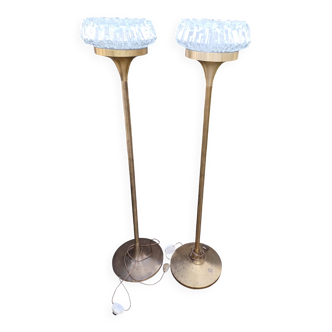 Pair of floor lamps gilded brass and glass maison Arlus 1950s