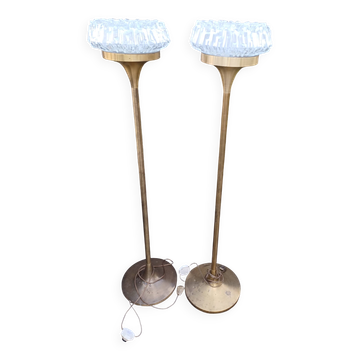 Pair of floor lamps gilded brass and glass maison Arlus 1950s