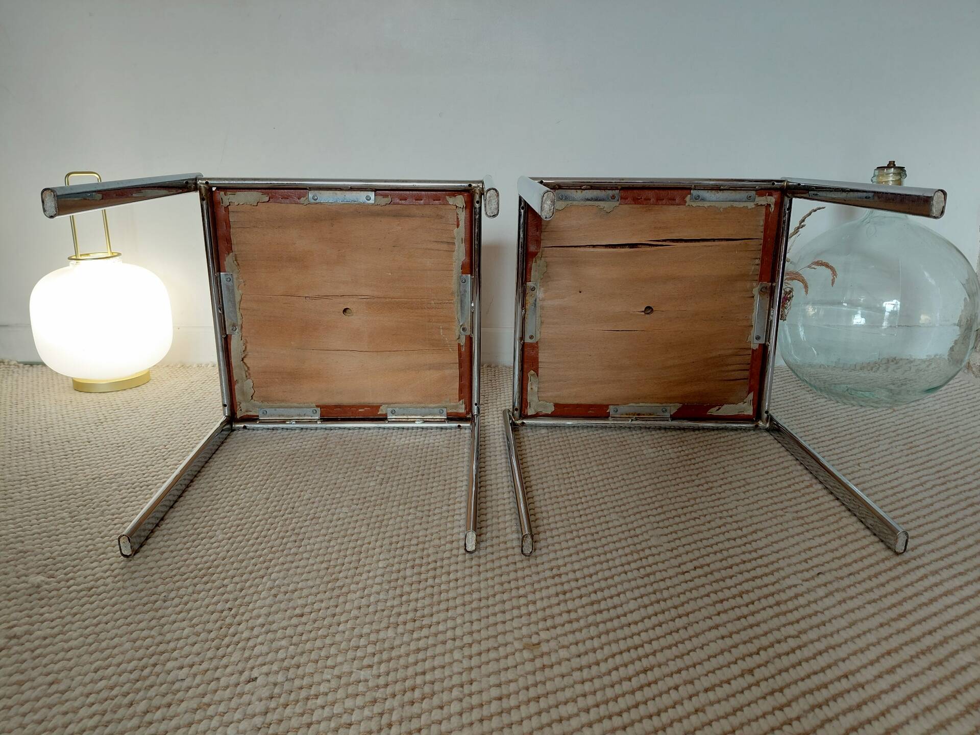 Pair of vintage stackable stools in faux leather and chrome - 70s