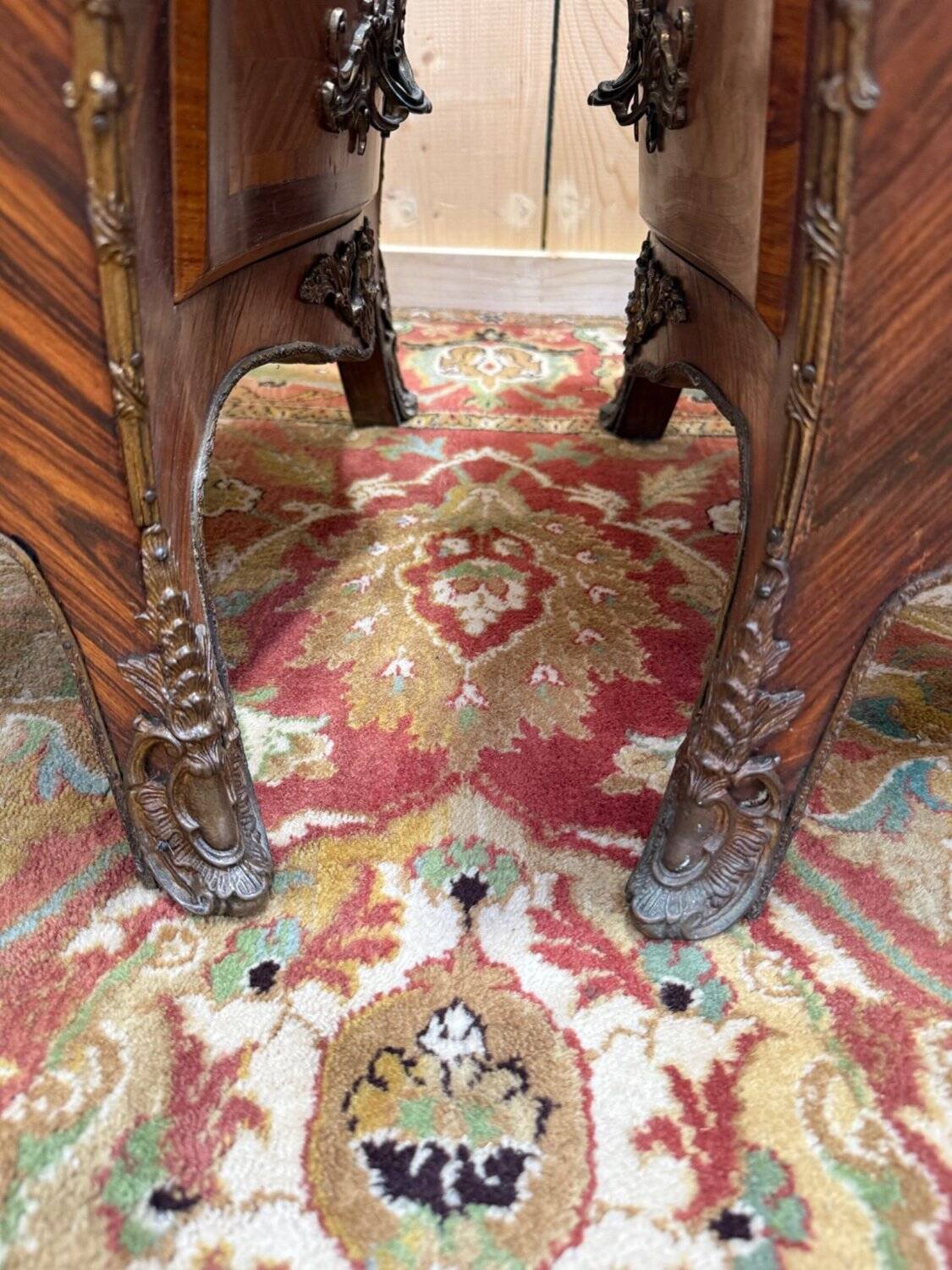 Pair of small bombe chests – Louis XV style – Marquetry & Marble –