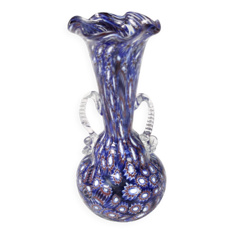 Vase en verre de Murano bleu attribué à Fratelli Toso avec des murrines, Italie