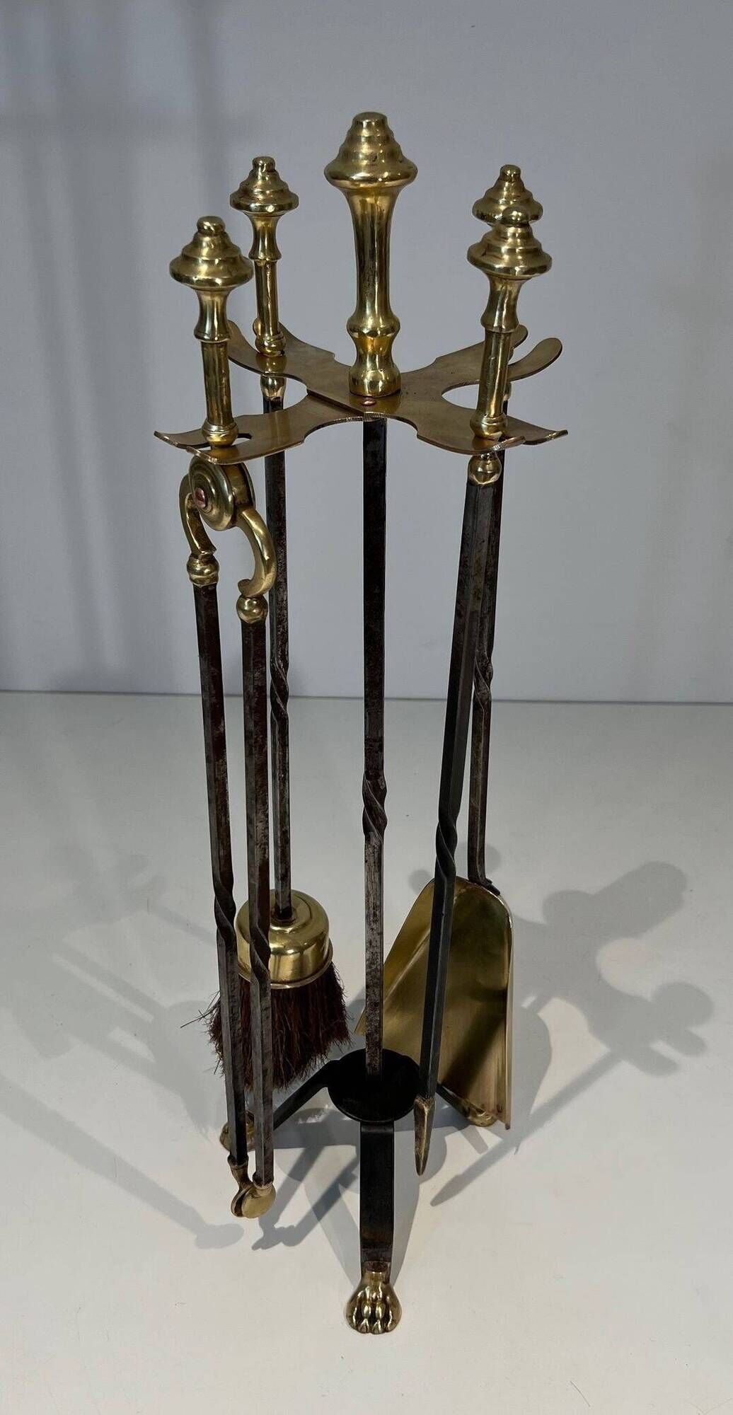 Fire Tool Set in Brass and Brushed Steel with Claw Feet, Attributed to the