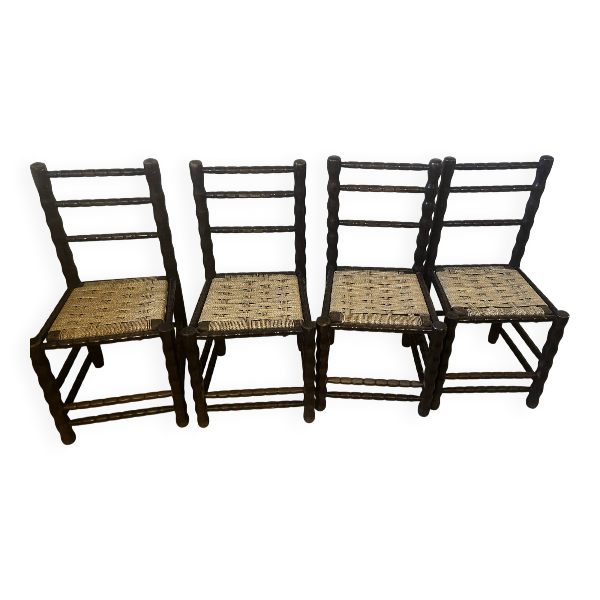 Set of 4 vintage chairs in the style of Charles Dudouyt, made of turned wood and upholstered.