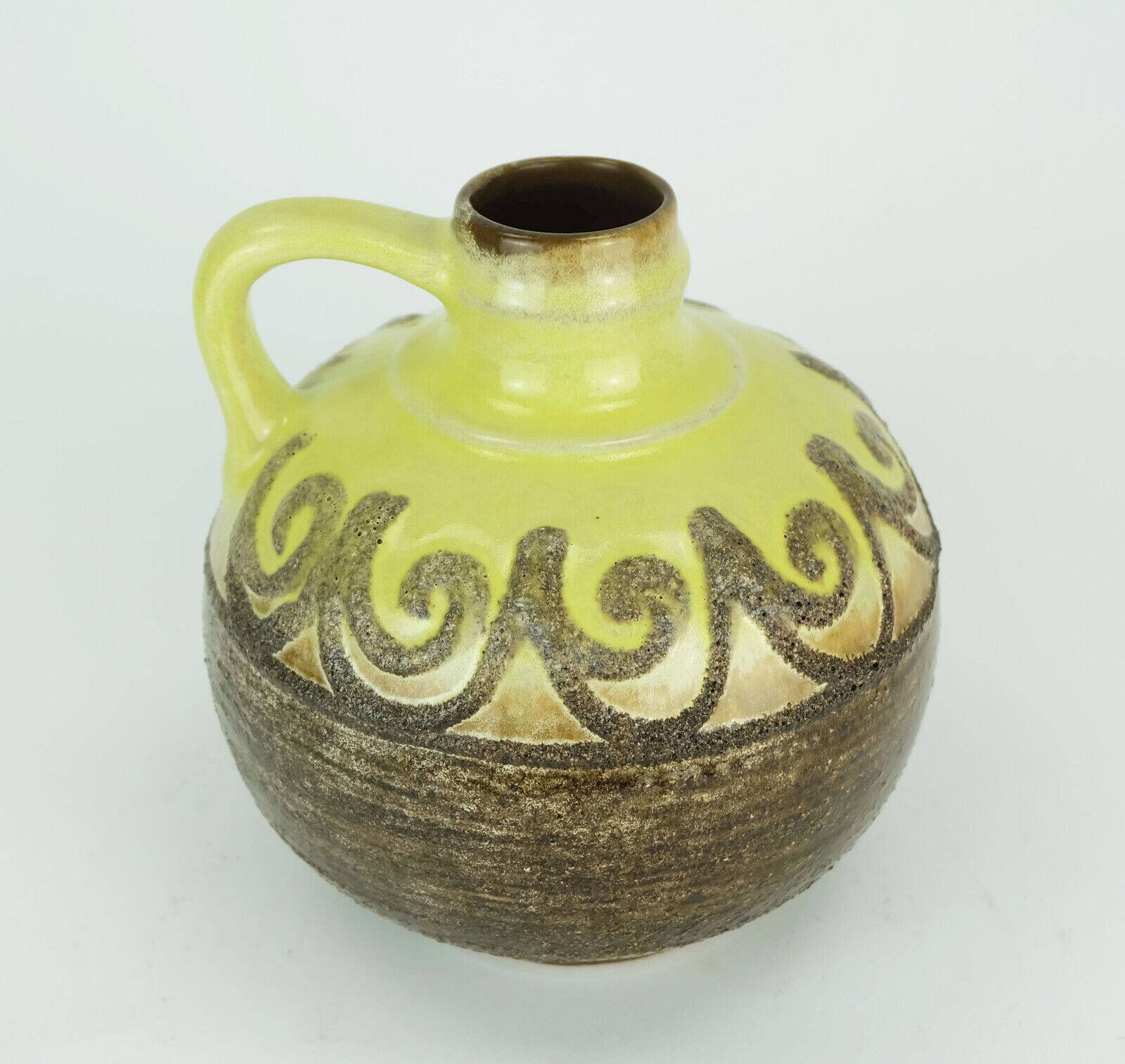 Strehla gdr fat lava vase jug brown lava glaze with yellow model 9017