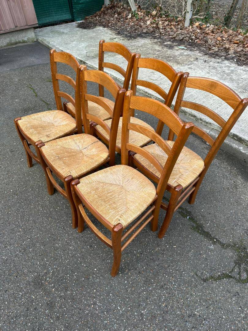 6 solid wood straw-seated Louis Philippe chairs, oak, 20th century.