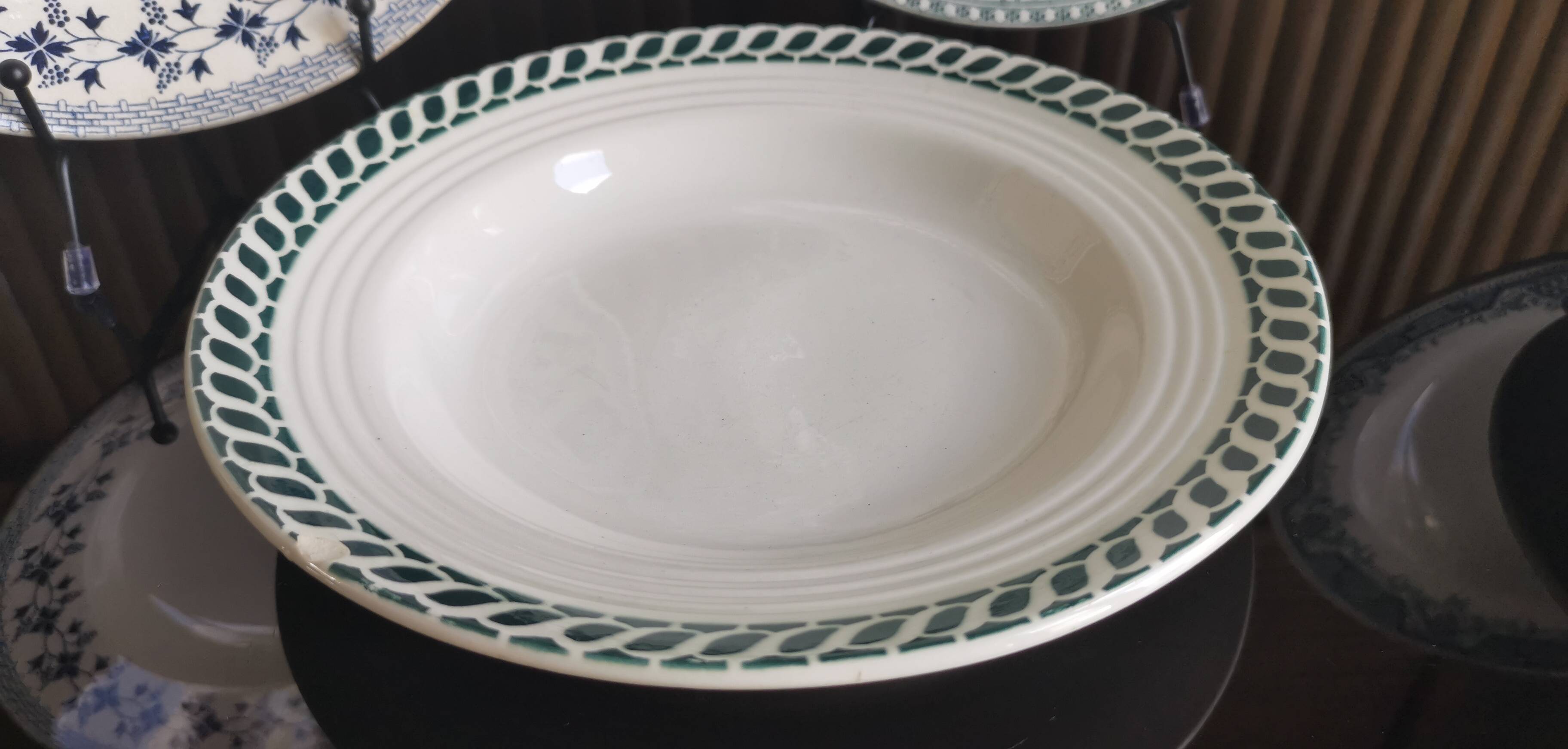 6 old mismatched deep plates Terre de Fer, glass and blue colors