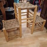 Set of three brutalist wooden stools, rope seat