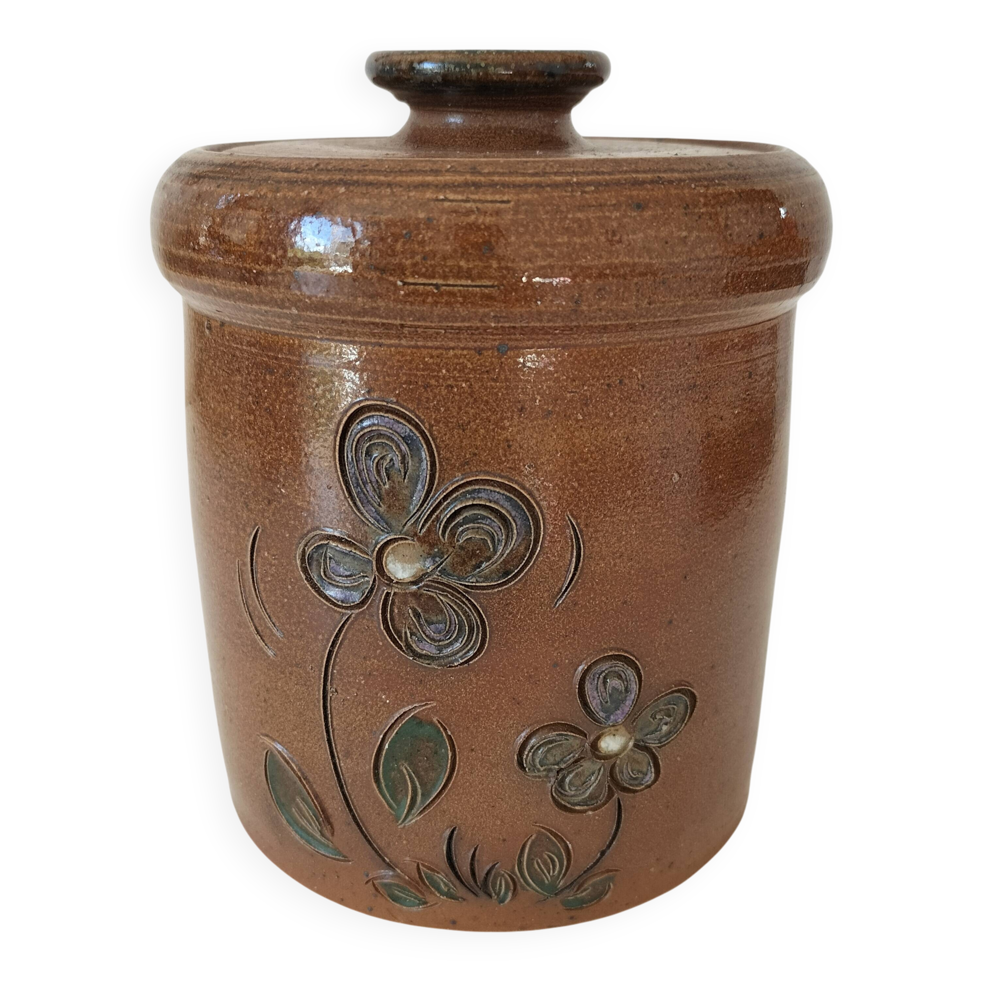 Vintage tea pot in brown flowered stoneware – La Poterie des Mottes – Saint-Amand