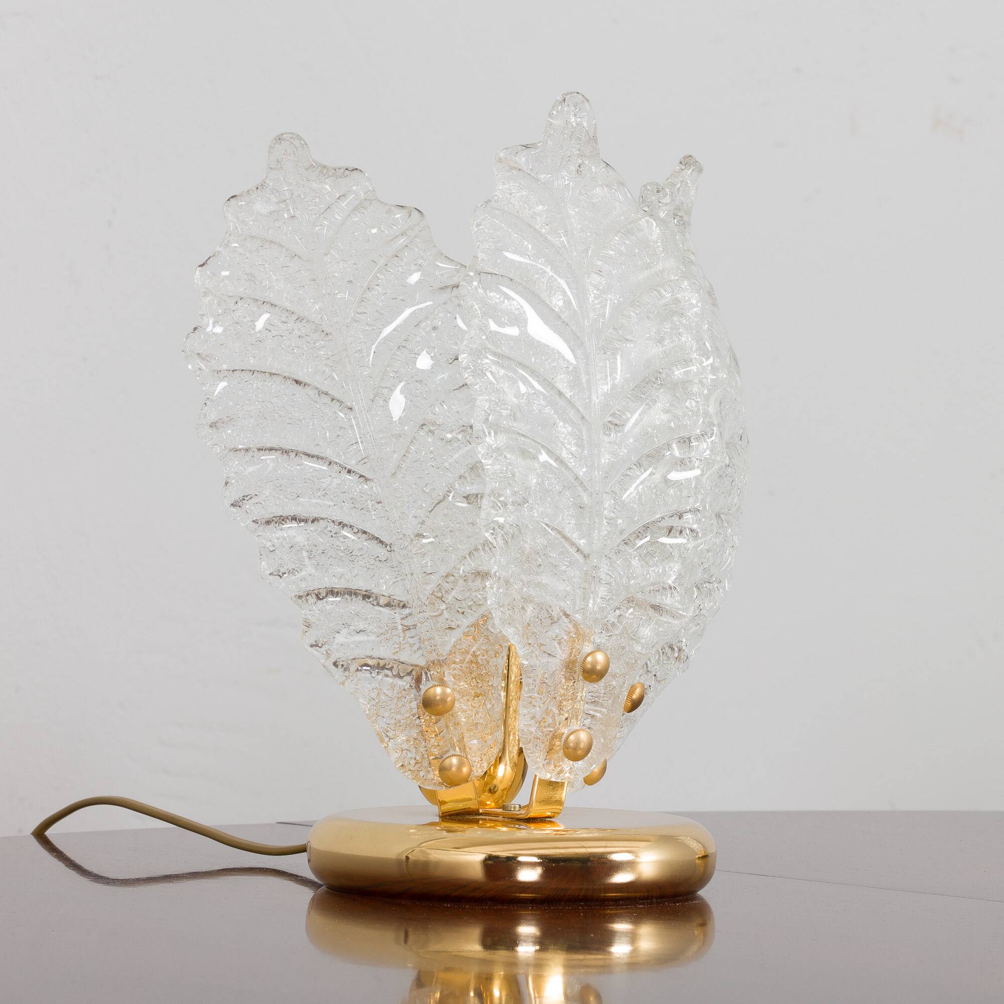 Pair of Italian brass and Murano glass leaf shaped table lamps