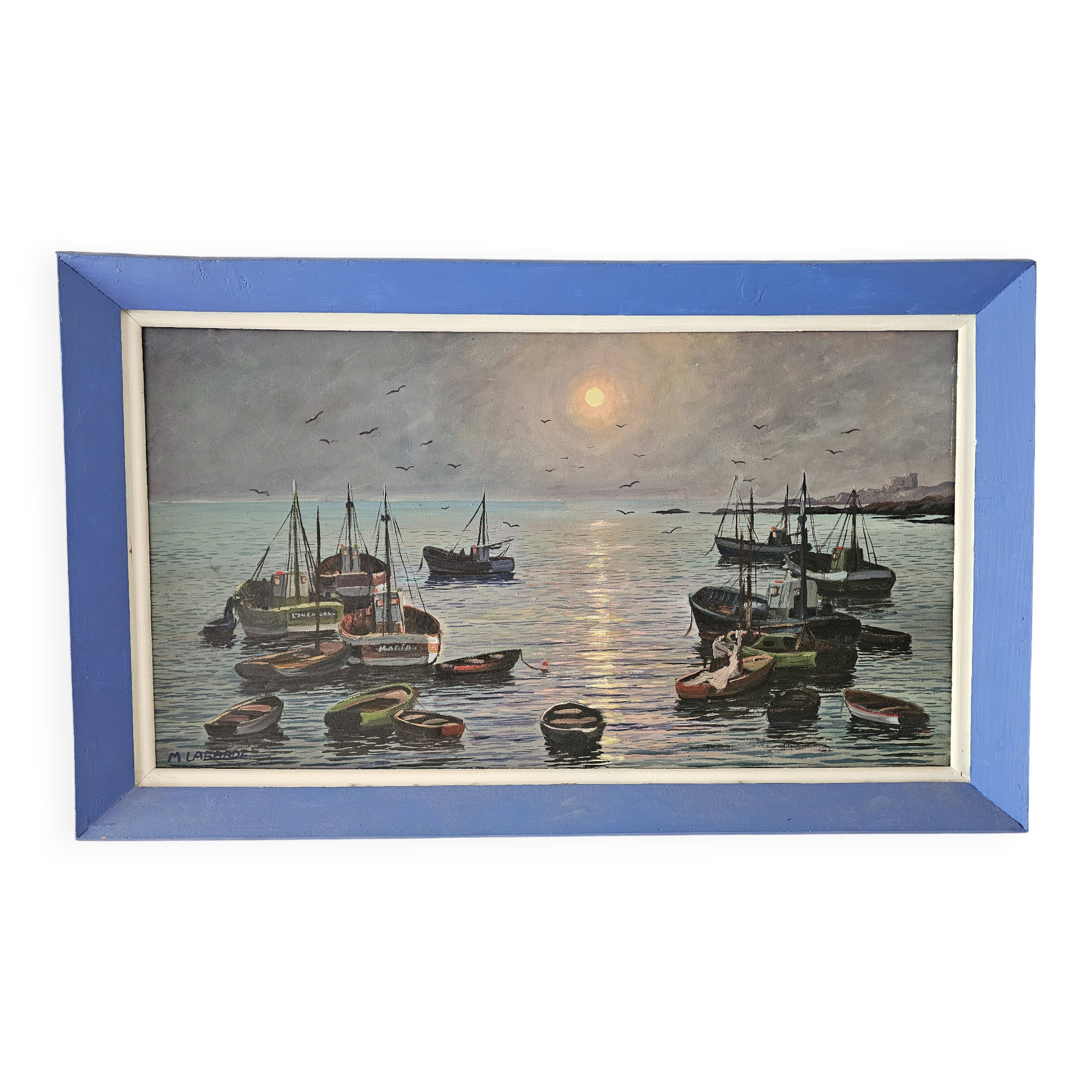 Oil painting on canvas - Marine Sailboats Signed M Labarde 54cm x 89cm