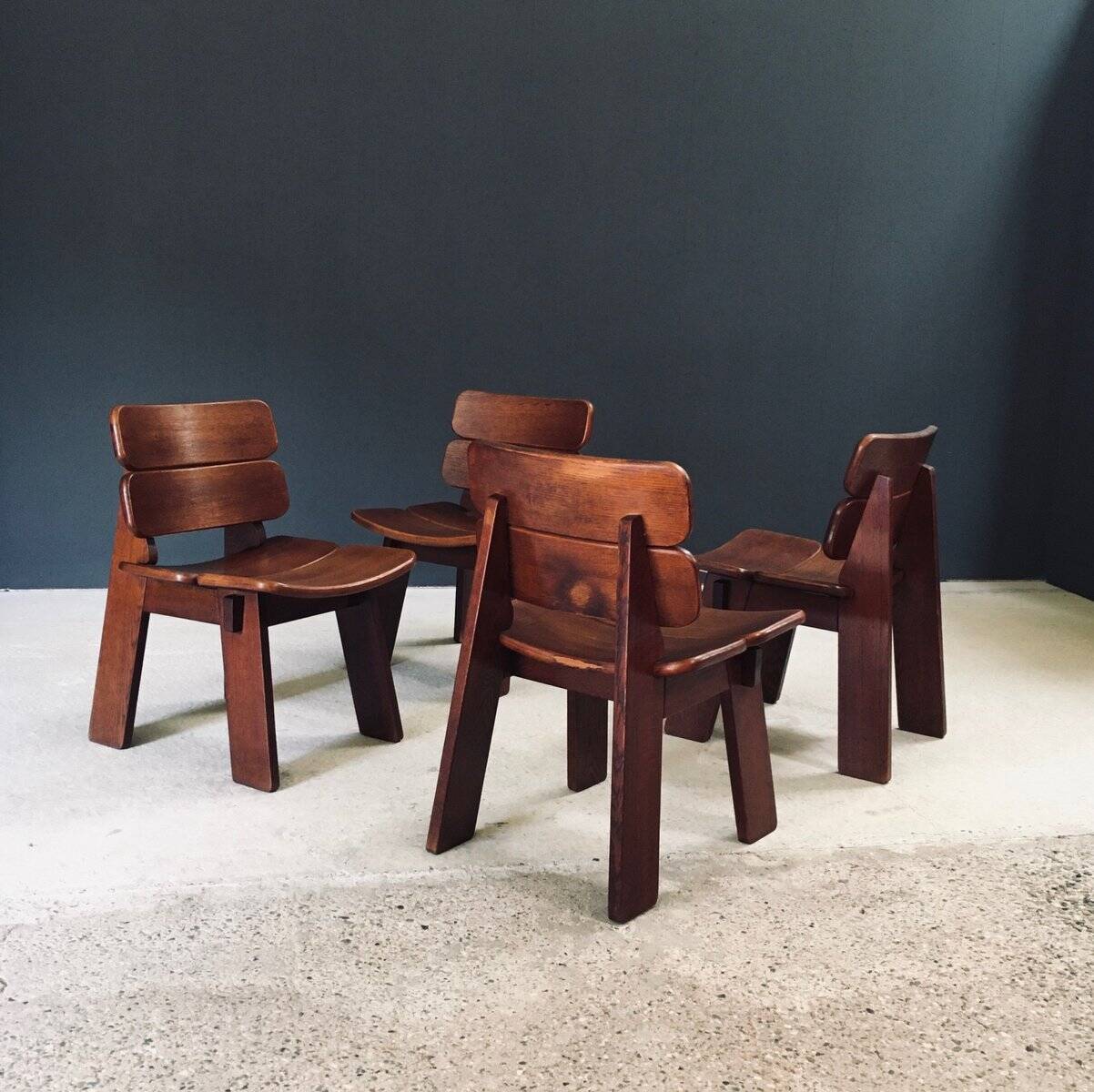 Constructivist Oak Dining Chairs, Belgium, 1960s, Set of 4