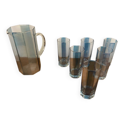 Service A Orangeade OCTIME Octogonal Carafe Verre Moulé + 6 Verres Vin