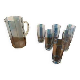 Service A Orangeade OCTIME Octogonal Carafe Verre Moulé + 6 Verres Vin