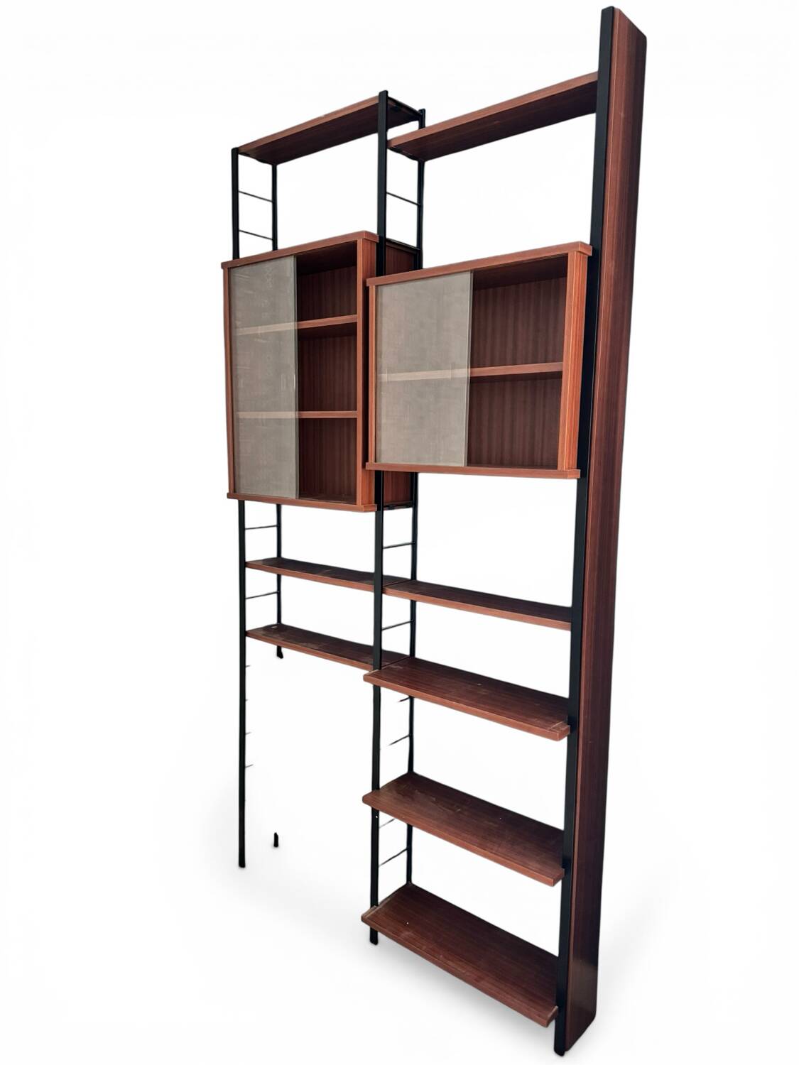 Scandinavian modular library shelves - lacquered mahogany metal 1970