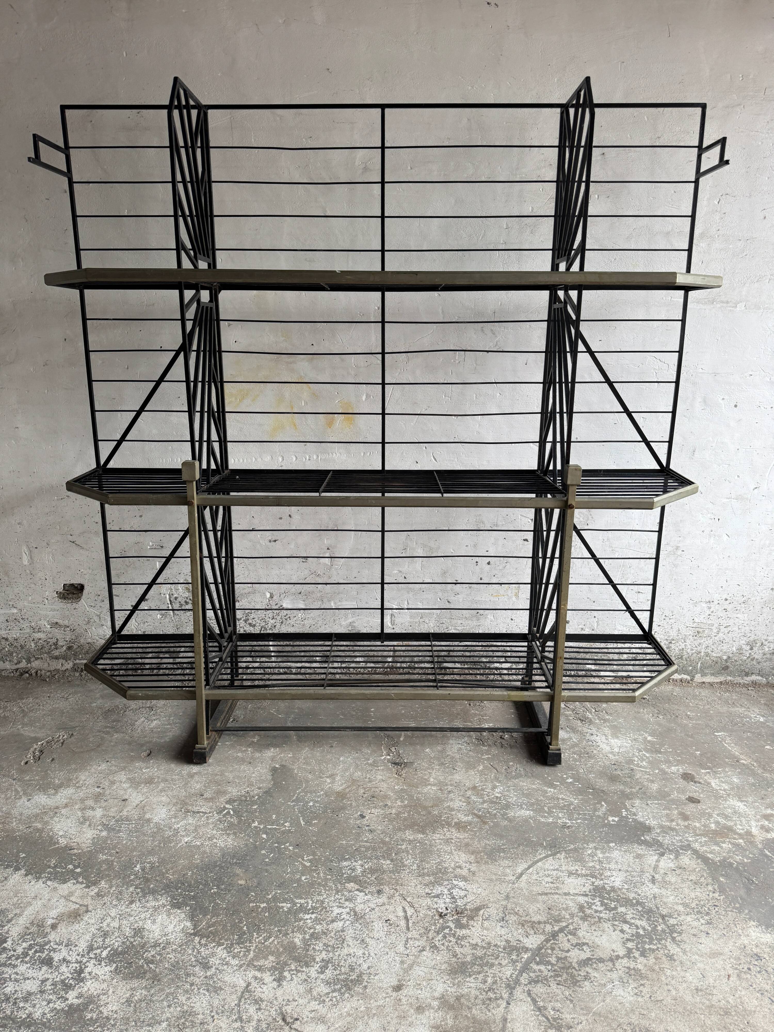 Large Black Powder-Coated Metal Industrial Baker's Rack — Three-Tier Display and Storage Unit, Brass Trim