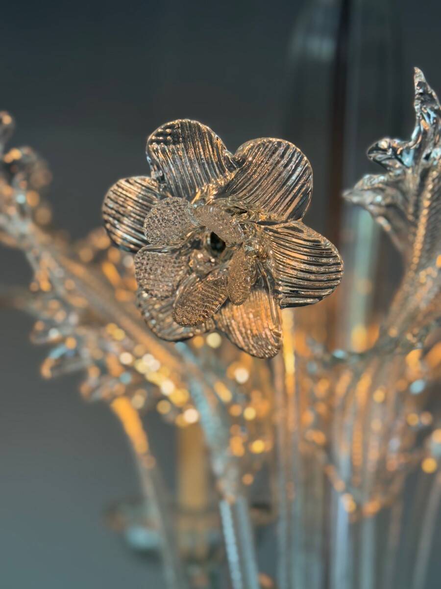 Venetian chandelier in colorless Murano glass, 6 light arms, circa 1940