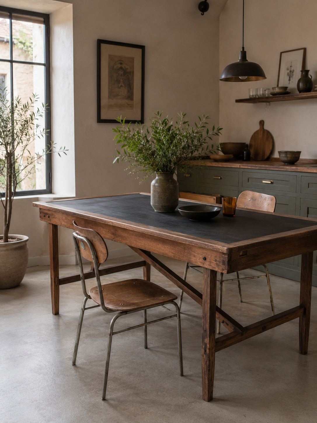 Vintage workshop folding table in oak with a hand-patinated black top.