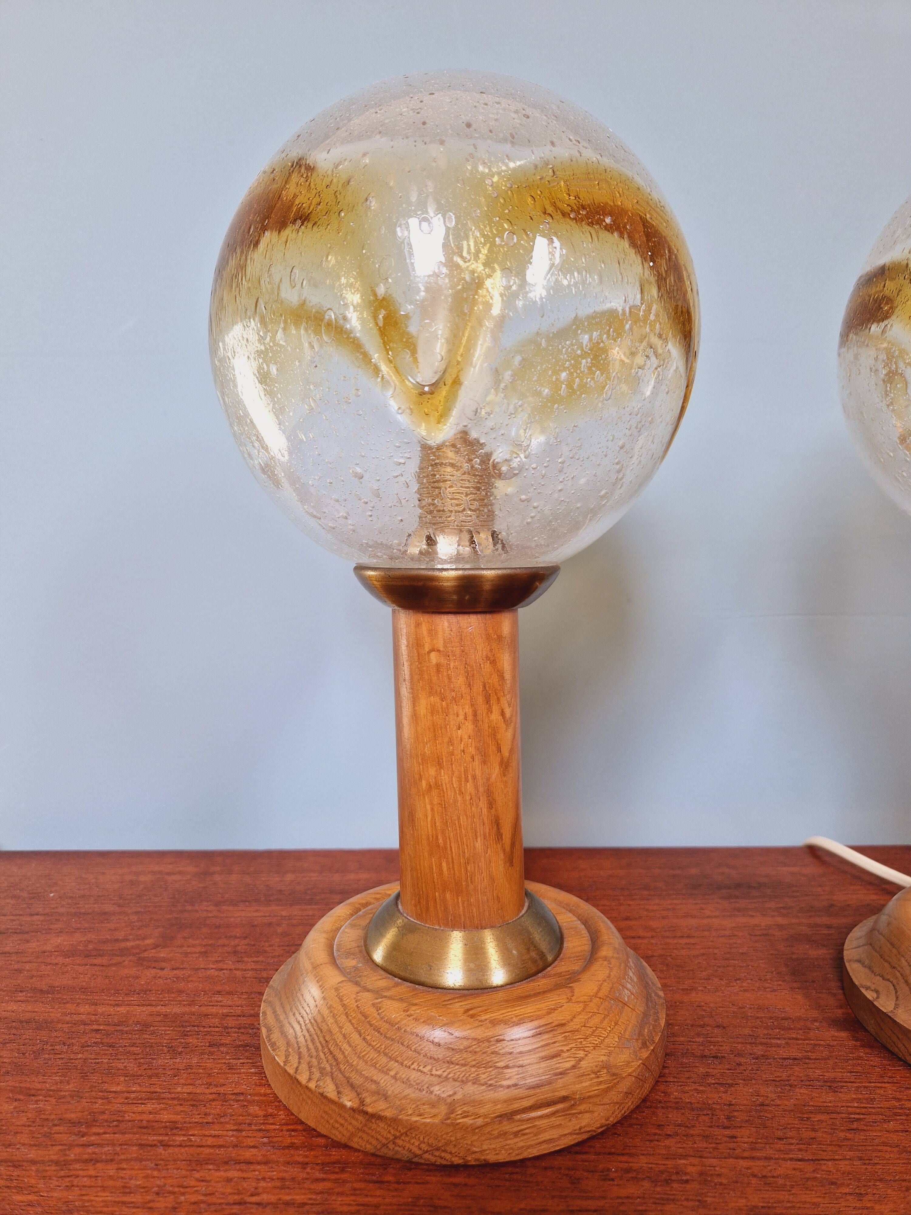 Pair of wooden and blown glass lamps, Honsel Leuchten, 1970s