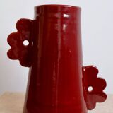 Handmade ceramic abstract vase with asymmetrical handles burgundy flower