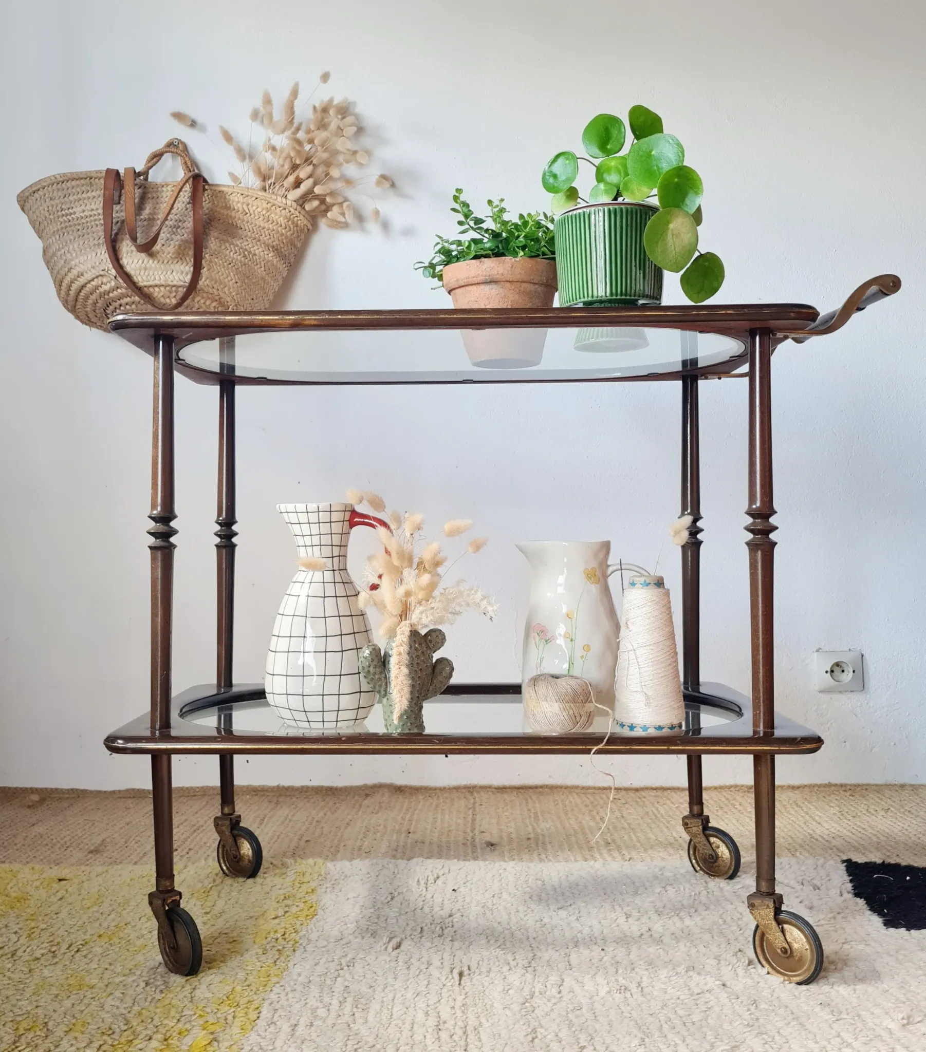 Vintage stained wood and clear glass sideboard – 1950s/60s
