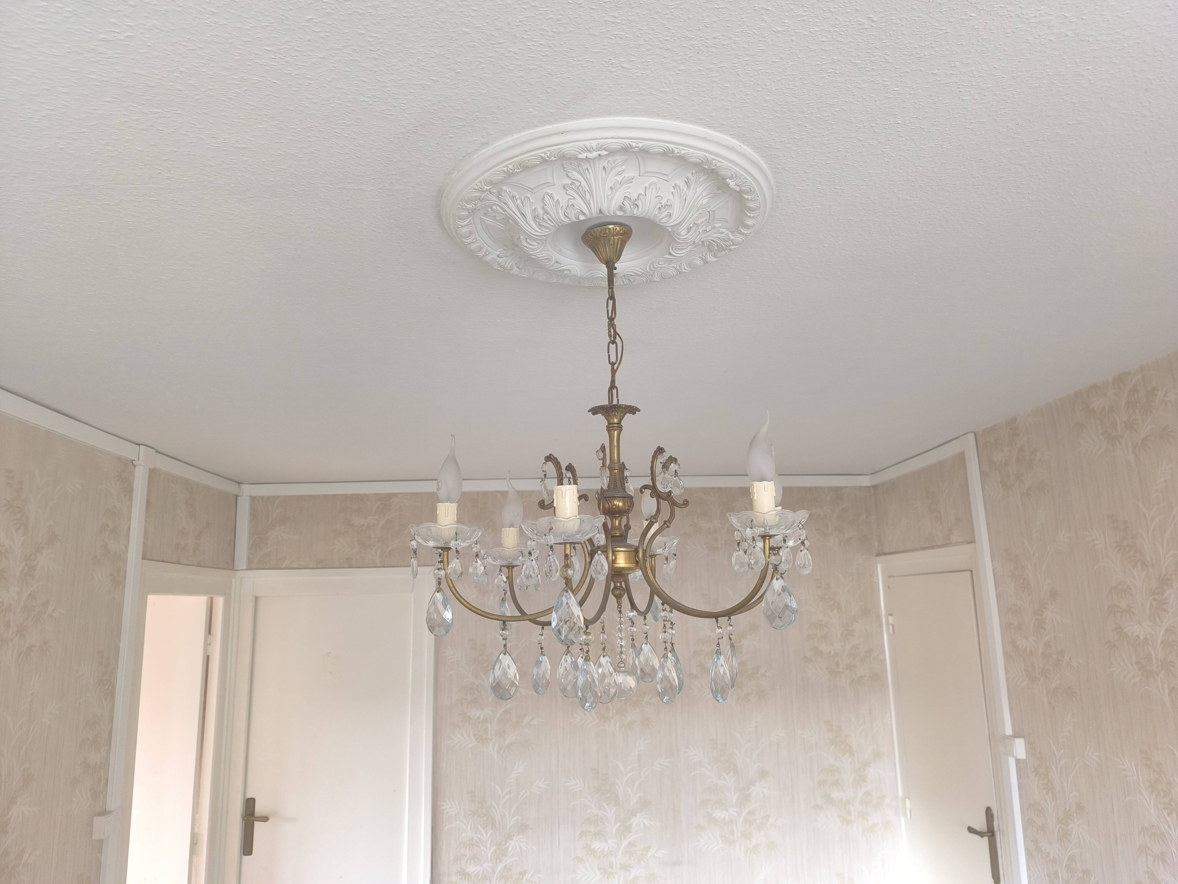Vintage brass and crystal pendant chandelier with 6 lights