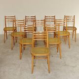 Set of 10 Bystrice tone wooden and caned chairs from the 1960s.