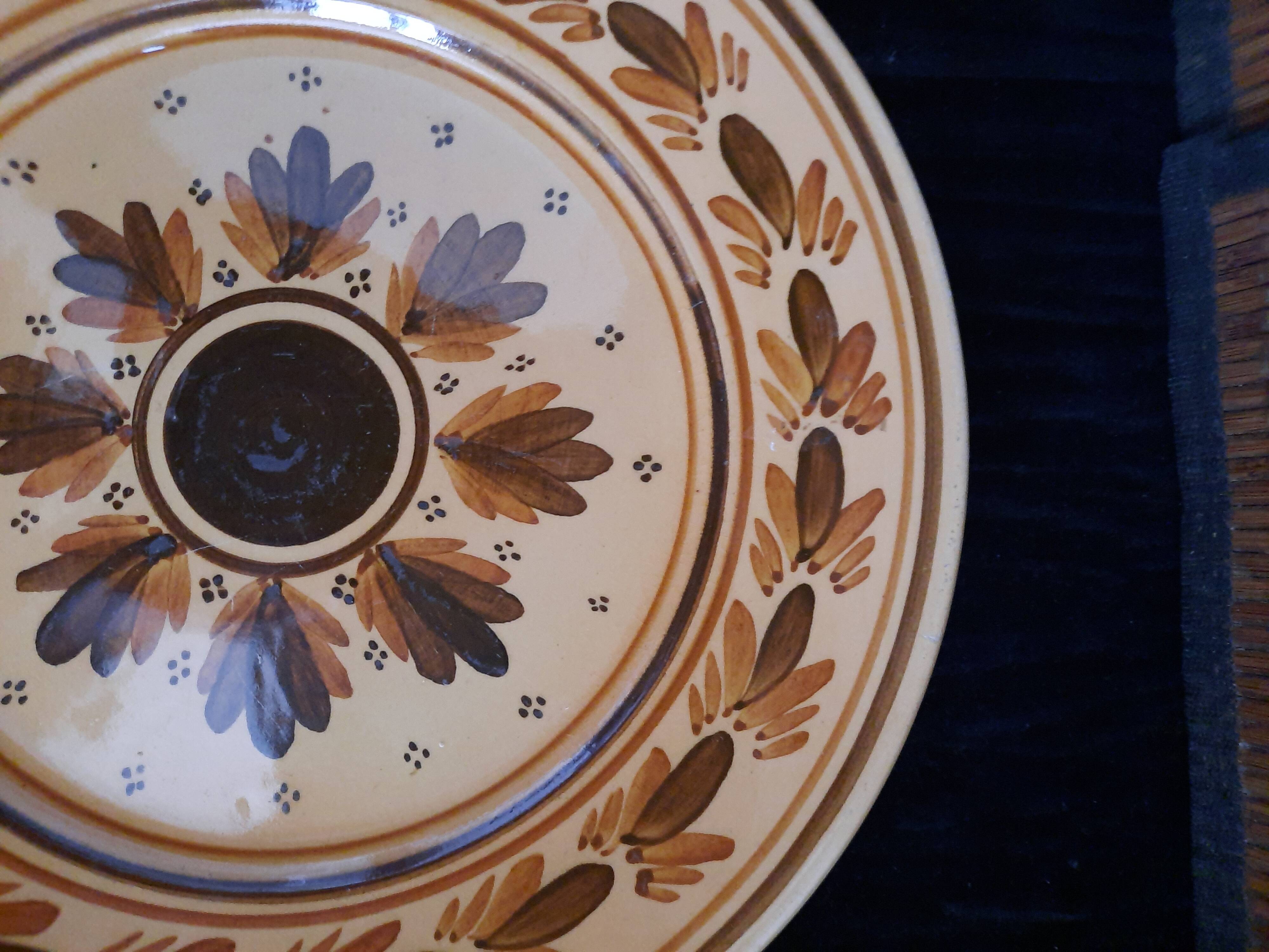 Old HB Quimper Plate Ceramic Geometric Floral Design Brown Yellow