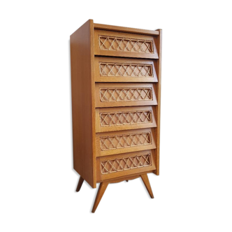 Chiffonnier rotin et bois pieds compas vintage