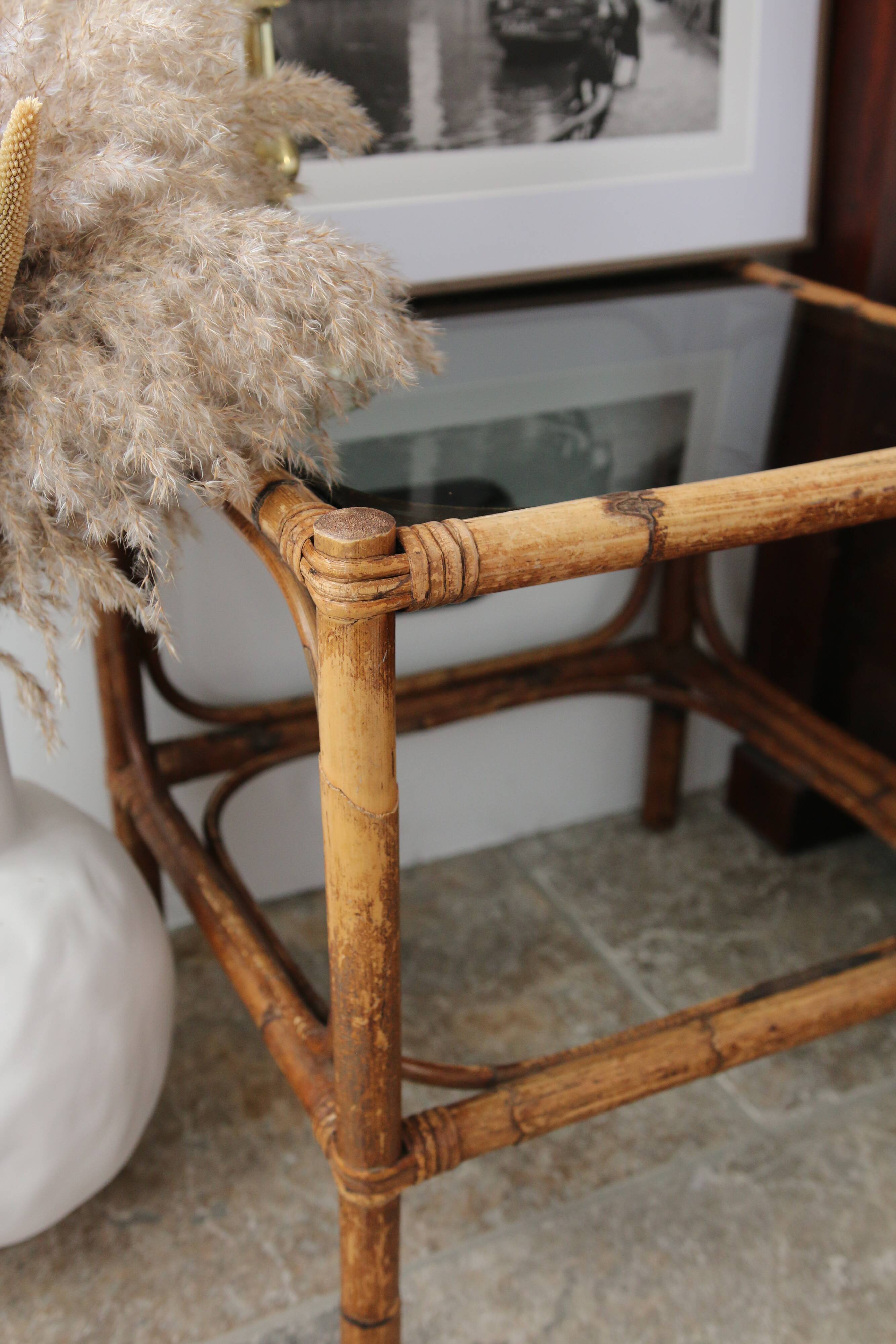 Vintage smoked glass bamboo table