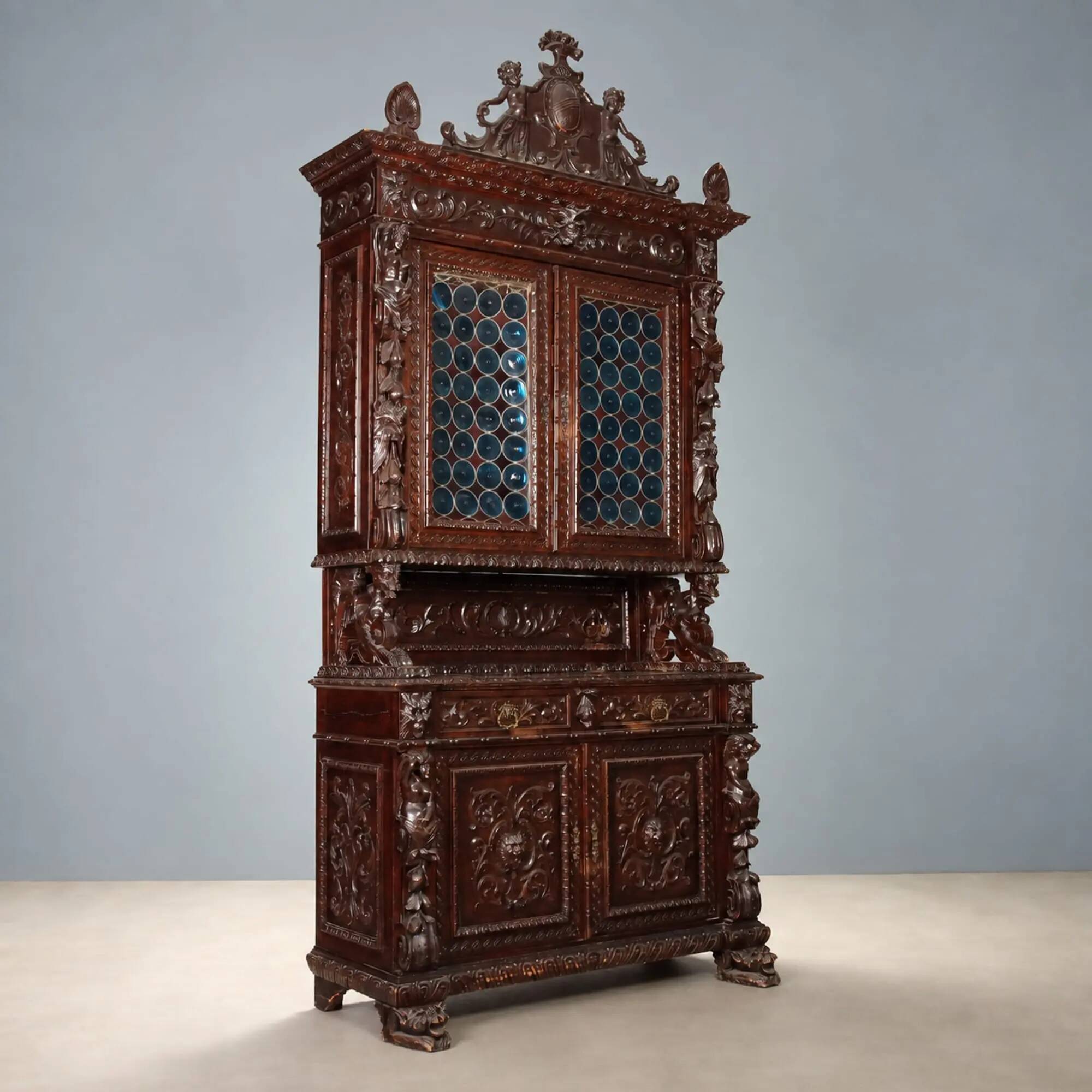 Antique neo-baroque display cabinet carved in walnut, Italy, 19th century