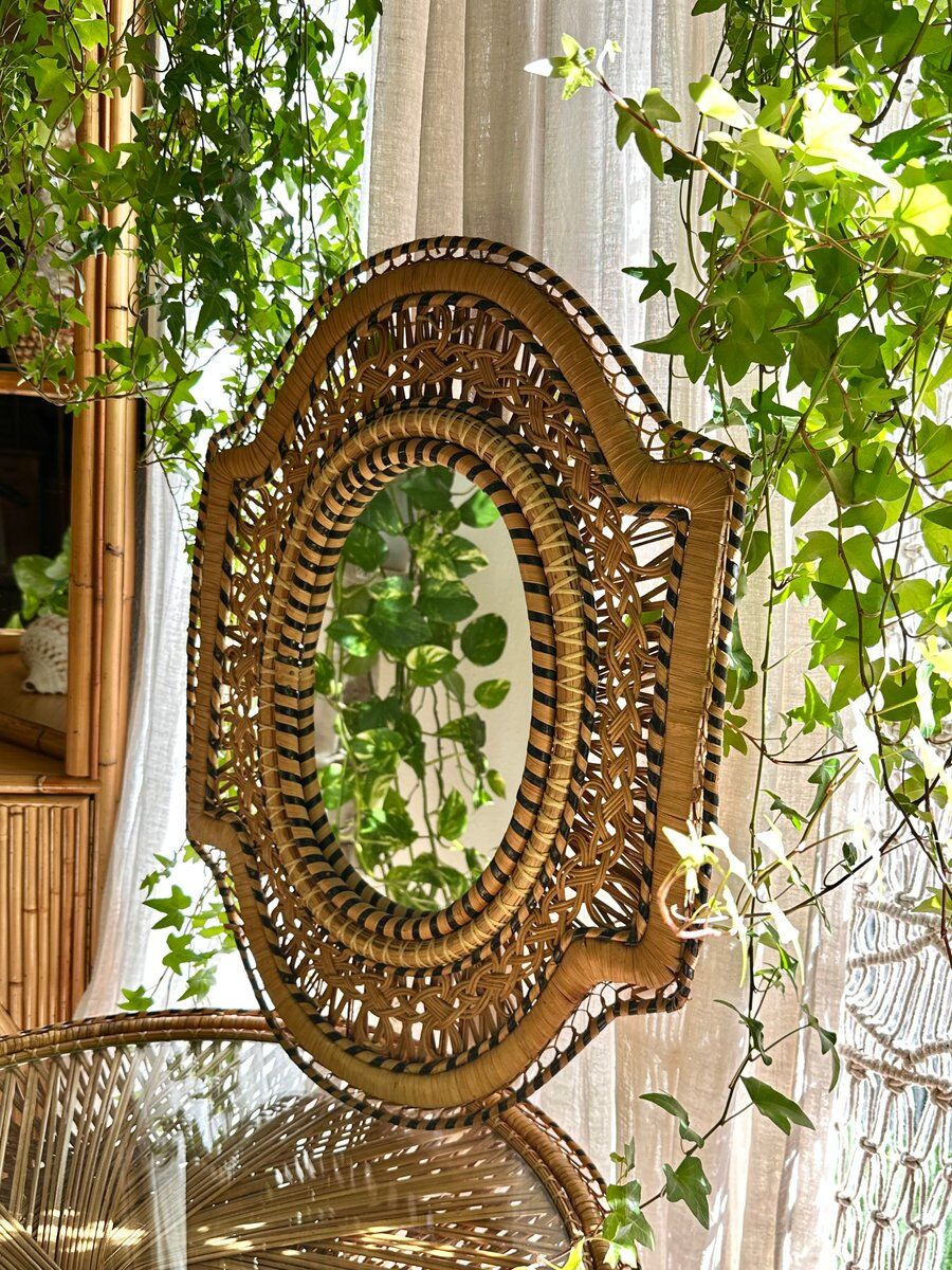 Sculptural mirror in rattan and natural wicker, 1970